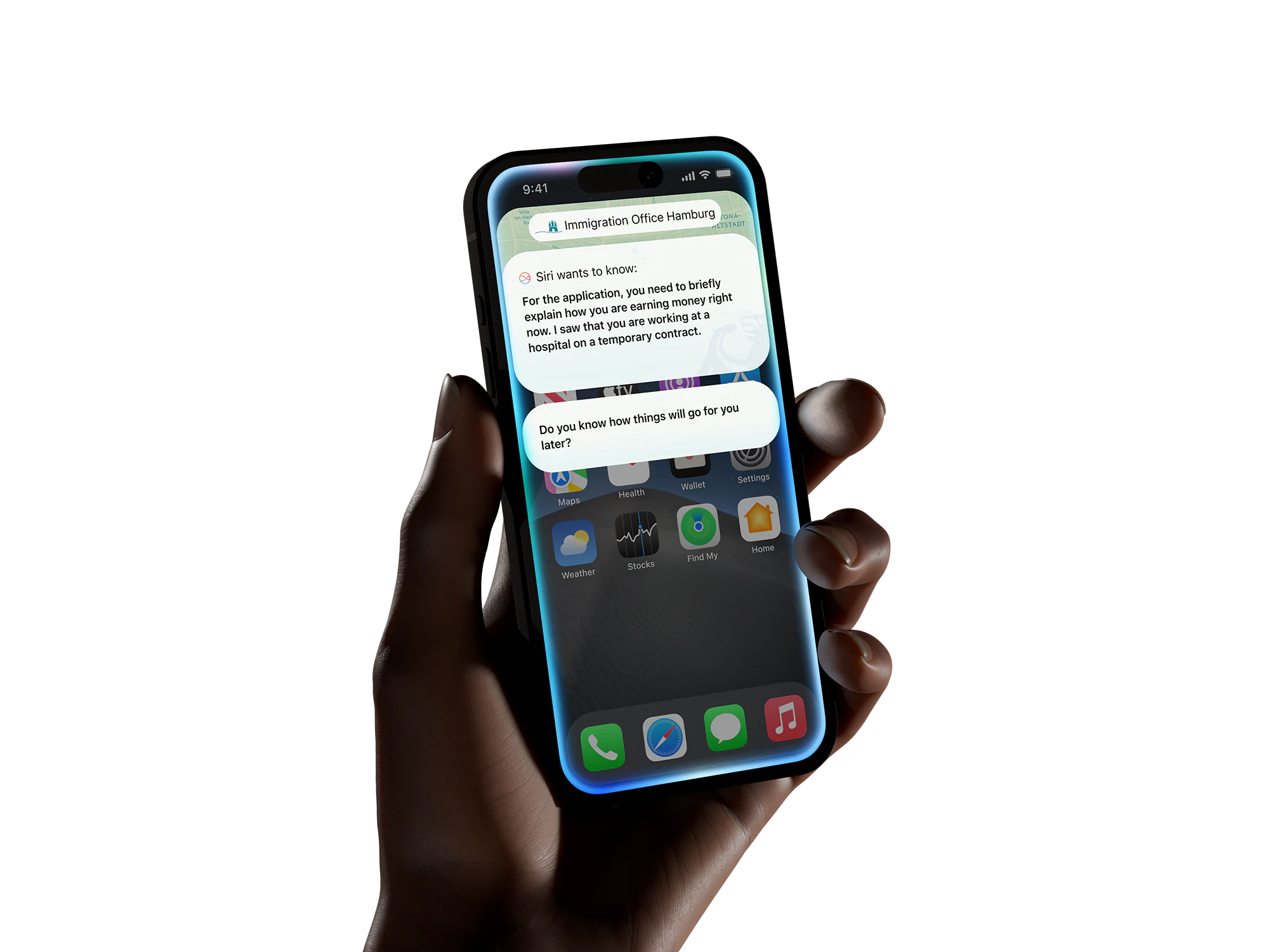 A hand holding a smartphone with proactive public-service notifications