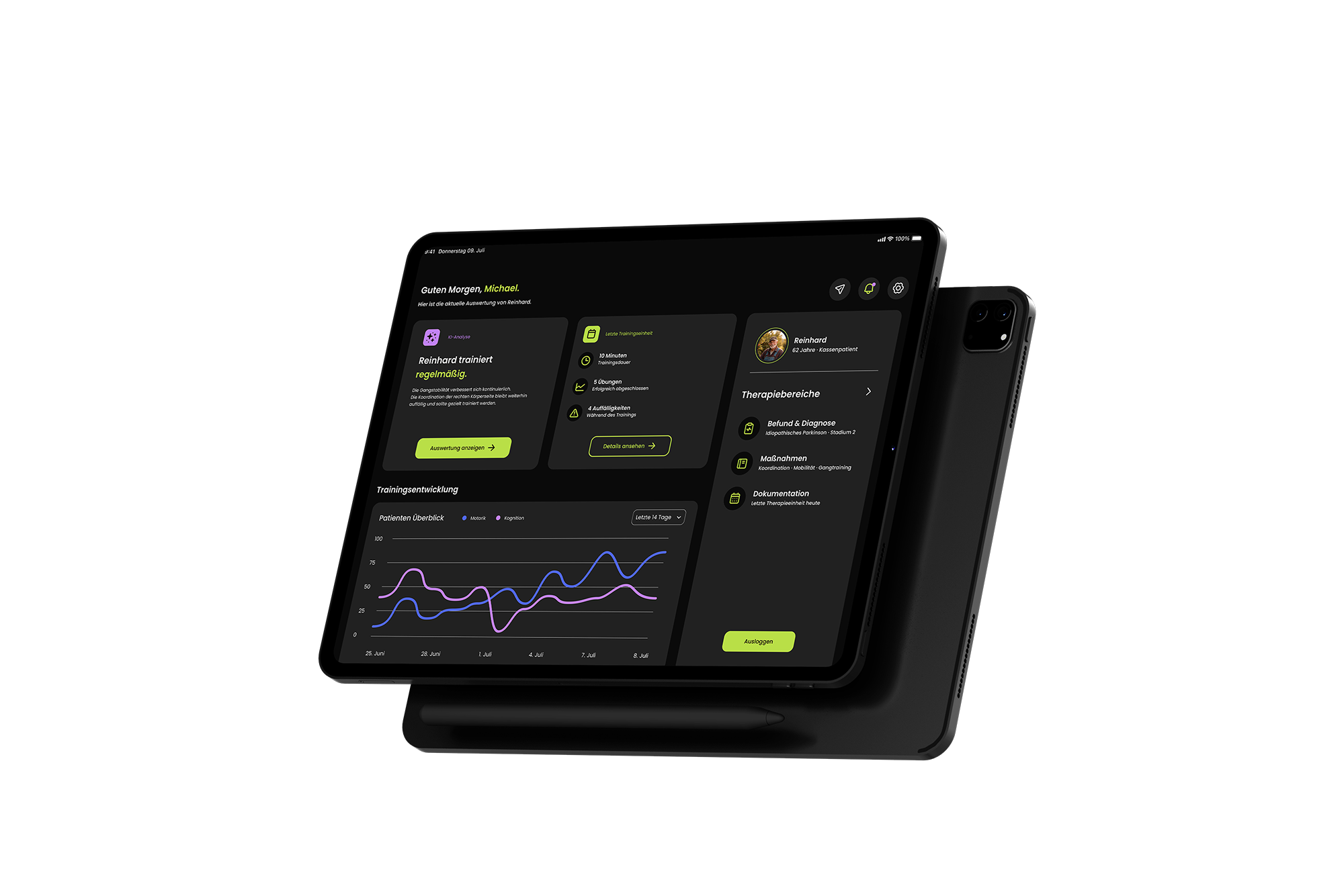 Nema therapist dashboard displayed on an iPad